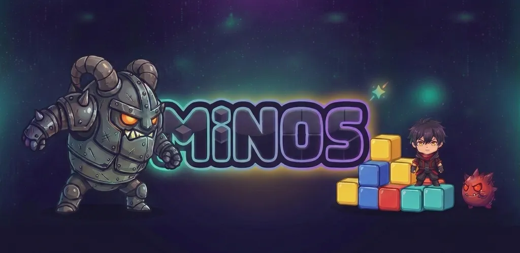 Minos key art: an armored monster, the hero Jack and a stack of colored blocks